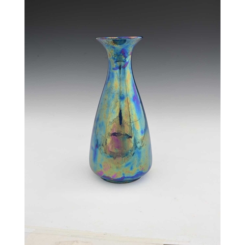 593 - Ruskin Pottery, a Kingfisher blue lustre vase, 1927, conical baluster form, high gloss iridescent gl... 