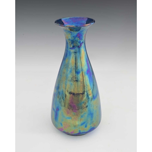 593 - Ruskin Pottery, a Kingfisher blue lustre vase, 1927, conical baluster form, high gloss iridescent gl... 