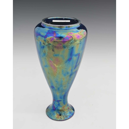 593 - Ruskin Pottery, a Kingfisher blue lustre vase, 1927, conical baluster form, high gloss iridescent gl... 