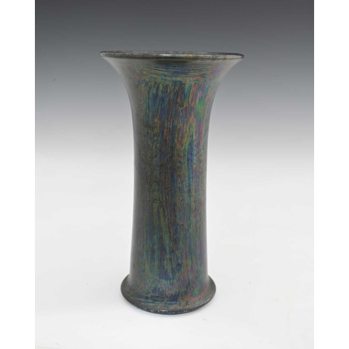 596 - Ruskin Pottery, a Kingfisher blue lustre vase, 1912, lily or flared sleeve form, matte iridescent gl... 