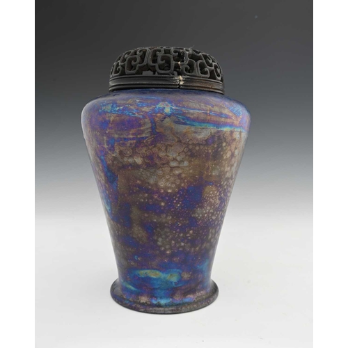 599 - Ruskin Pottery, a Kingfisher blue lustre vase and a cover, 1920, inverted conical shouldered form, w... 