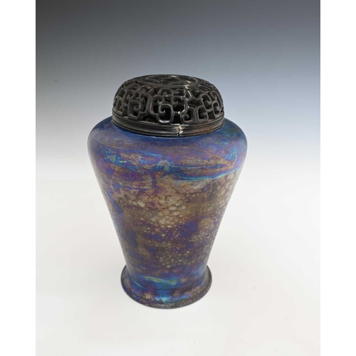 599 - Ruskin Pottery, a Kingfisher blue lustre vase and a cover, 1920, inverted conical shouldered form, w... 