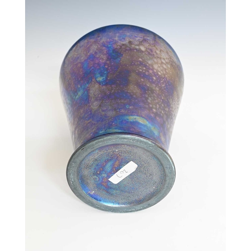 599 - Ruskin Pottery, a Kingfisher blue lustre vase and a cover, 1920, inverted conical shouldered form, w... 