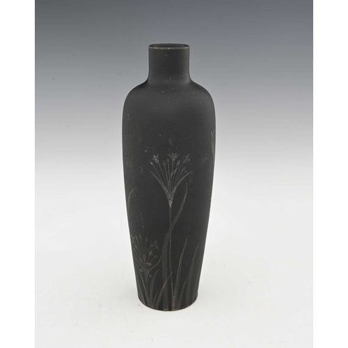 601 - Ruskin Pottery, a black matte glazed vase, 1917, shouldered form, painted with sprigs of wild flower... 