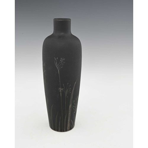 601 - Ruskin Pottery, a black matte glazed vase, 1917, shouldered form, painted with sprigs of wild flower... 