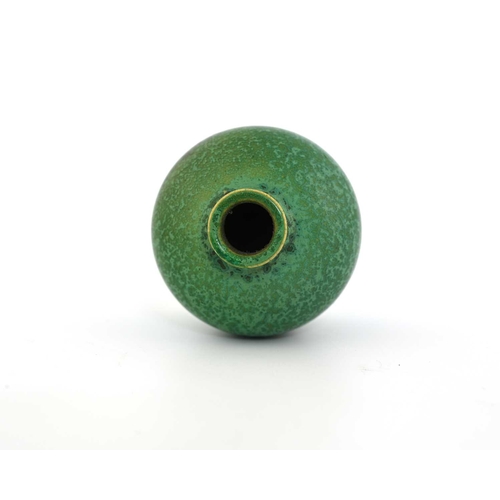 604 - Ruskin Pottery, a miniature Souffle glazed vase, shouldered ovoid form, circa 1905, mottled green ov... 