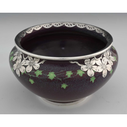 611 - Ruskin Pottery for Shreve and Co., a silver overlay Souffle Glaze bowl, circa 1905, shouldered ovoid... 