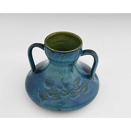 613 - Ruskin Pottery, a Souffle Glaze twin handled water lily vase, circa 1901, squat flared double gourd ... 