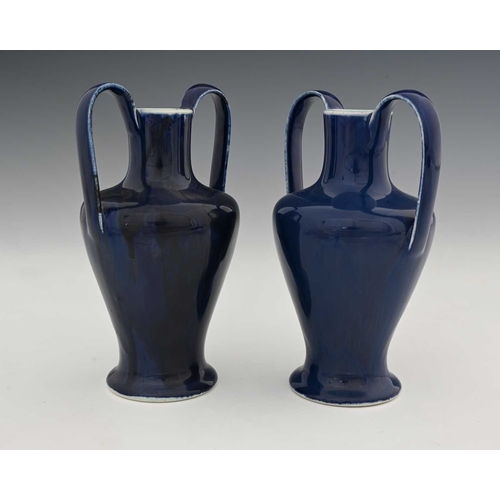 616 - Ruskin Pottery, a pair of Souffle Glaze twin handled vases, circa 1901, shouldered inverse baluster ... 