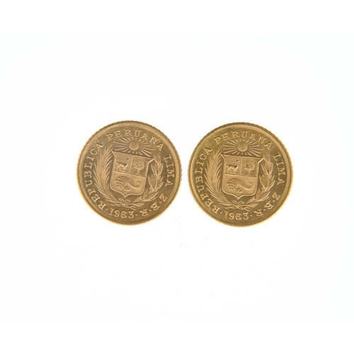 62 - Peru, two gold 1/5 Libra, 1963 (2)