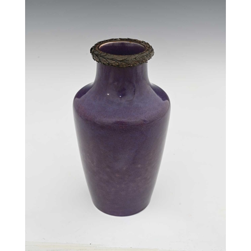 620 - Ruskin Pottery and A E Jones, a copper mounted Souffle Glaze vase, 1914, shouldered form with applie... 