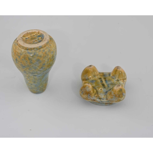 622 - Ruskin Pottery, a miniature glazed vase and stand, circa 1930, gourd bottle form on a foour bracket ... 