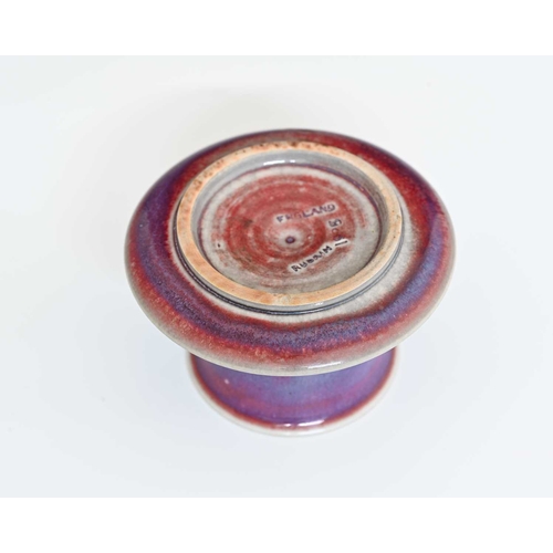 624 - Ruskin Pottery, a High Fired egg cup, 1925, the ogee form bowl with integrated dish, lavender and re... 