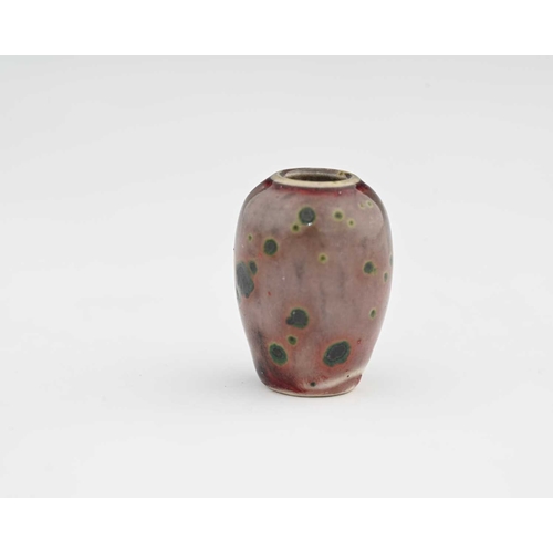 625 - Ruskin Pottery, a miniature High Fired vase, circa 1920s, shouldered ovoid form, green oxide speckle... 