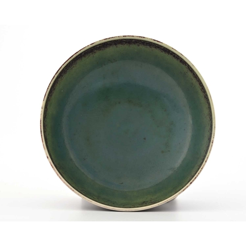 628 - Ruskin Pottery, a High Fied eggshell bowl, 1922, footed rounded form, the interior turquoise, the ex... 