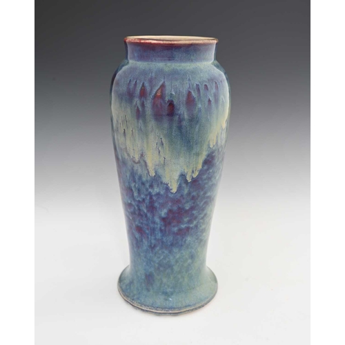 639 - Ruskin Pottery, a large High Fired vase, 1926, slender inverse baluster form, pale blue hares fur ov... 