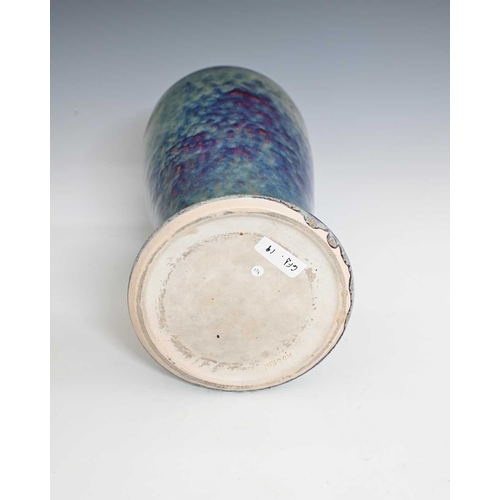 639 - Ruskin Pottery, a large High Fired vase, 1926, slender inverse baluster form, pale blue hares fur ov... 