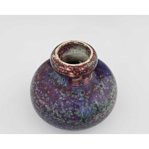 641 - Ruskin Pottery, a High Fired vase, 1926, squat double gourd form, green speckled purple and sang de ... 