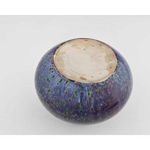 641 - Ruskin Pottery, a High Fired vase, 1926, squat double gourd form, green speckled purple and sang de ... 