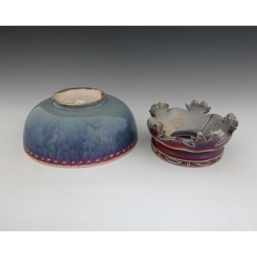 646 - Ruskin Pottery, a High Fired bowl and a stand, 1926 and 1925, the bowl of rounded form with ncised c... 