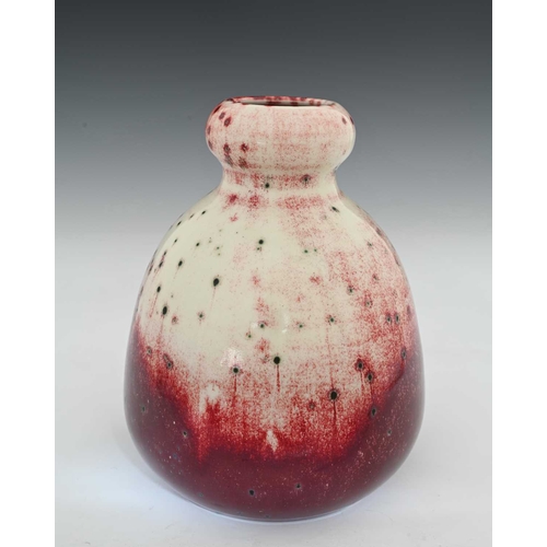 648 - Ruskin Pottery, a High Fired vase, 1933, conical double gourd form, green speckled white over red sa... 