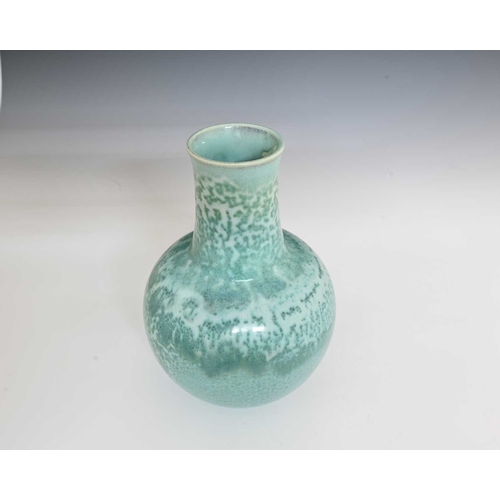 649 - Ruskin Pottery, a High Fired vase, 1906, spherical form with long flared neck, turquoise flambe spec... 