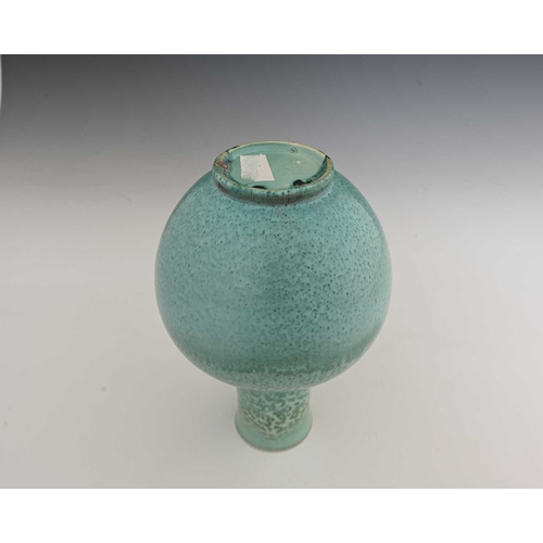 649 - Ruskin Pottery, a High Fired vase, 1906, spherical form with long flared neck, turquoise flambe spec... 