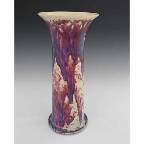 652 - Ruskin Pottery, a large High Fired vase, 1924, lily or flared sleeve form, curtains of flamed purple... 