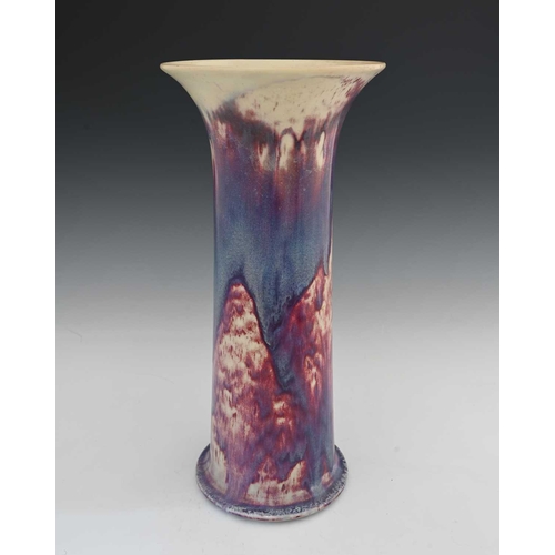 652 - Ruskin Pottery, a large High Fired vase, 1924, lily or flared sleeve form, curtains of flamed purple... 