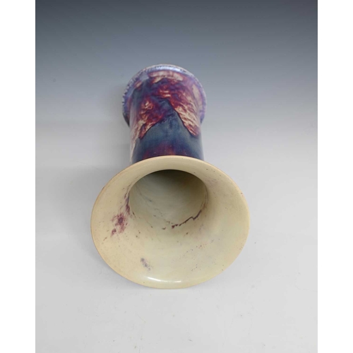 652 - Ruskin Pottery, a large High Fired vase, 1924, lily or flared sleeve form, curtains of flamed purple... 