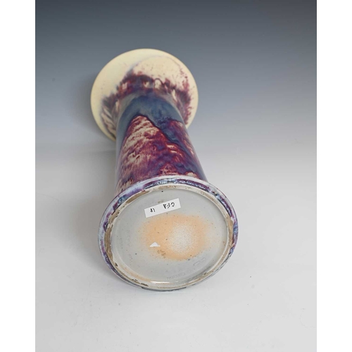 652 - Ruskin Pottery, a large High Fired vase, 1924, lily or flared sleeve form, curtains of flamed purple... 