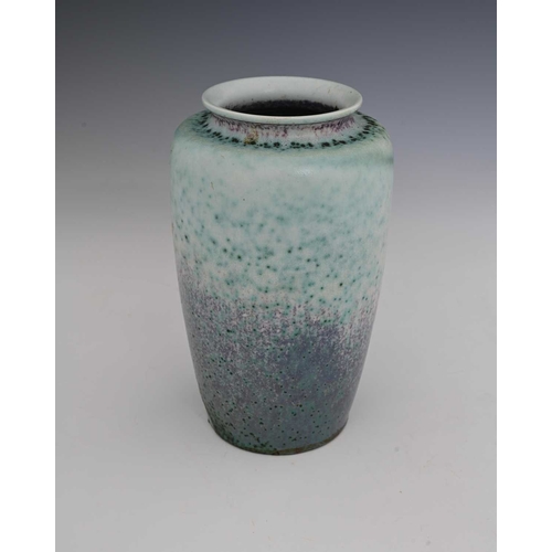 655 - Ruskin Pottery, a High Fired vase, circa 1920s, shouldered form, matte textured truqoise whoulder wi... 