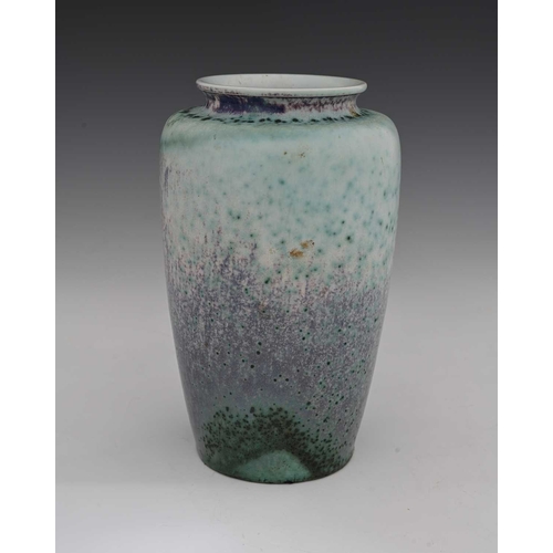 655 - Ruskin Pottery, a High Fired vase, circa 1920s, shouldered form, matte textured truqoise whoulder wi... 