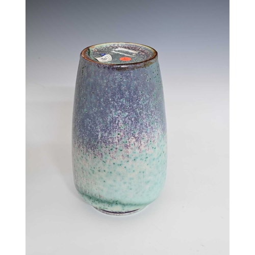 655 - Ruskin Pottery, a High Fired vase, circa 1920s, shouldered form, matte textured truqoise whoulder wi... 