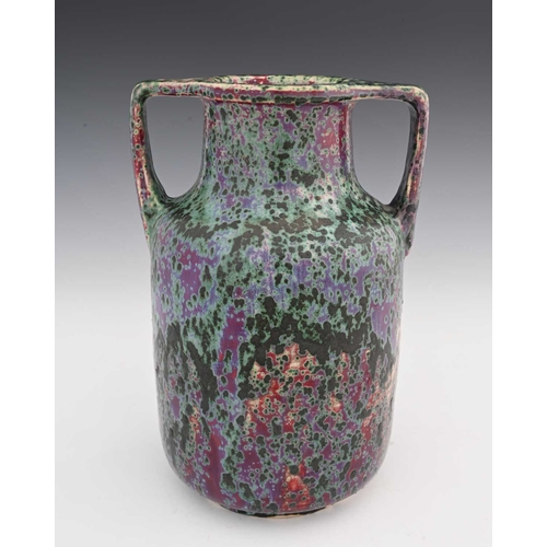 657 - Ruskin Pottery, a High Fired twin handled vase, circa 1930, cylindrical shouldered form with angled ... 