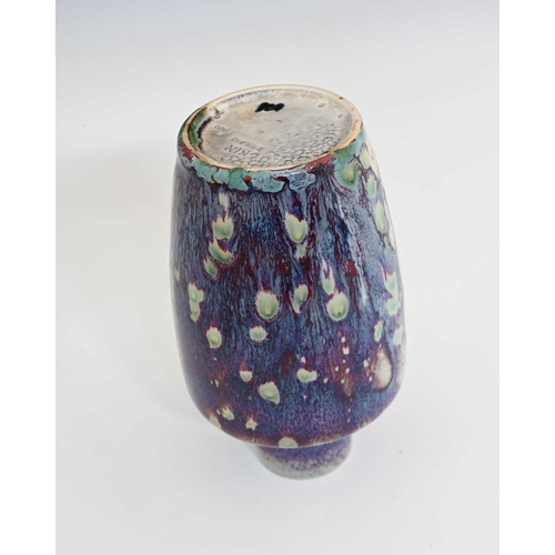 658 - Ruskin Pottery, a High Fired vase, 1920, shouldered form, marbled purple hared fur over white sang d... 