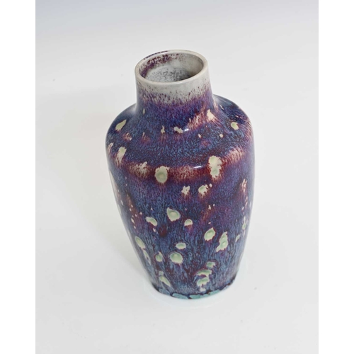 658 - Ruskin Pottery, a High Fired vase, 1920, shouldered form, marbled purple hared fur over white sang d... 