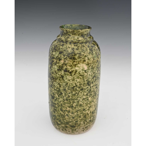 661 - Ruskin Pottery, an experimental High Fired vase, 1926, double shouldered cylindrical form, green oxi... 