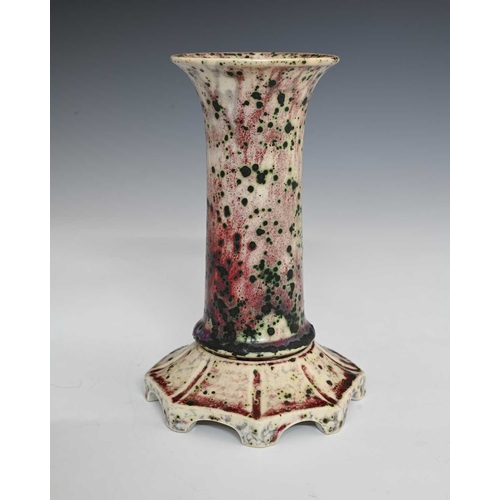 662 - Ruskin Pottery, a High Fired vase and a stand, 1933, lily or flared sleeve form, green oxide speckle... 