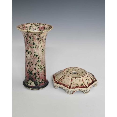 662 - Ruskin Pottery, a High Fired vase and a stand, 1933, lily or flared sleeve form, green oxide speckle... 