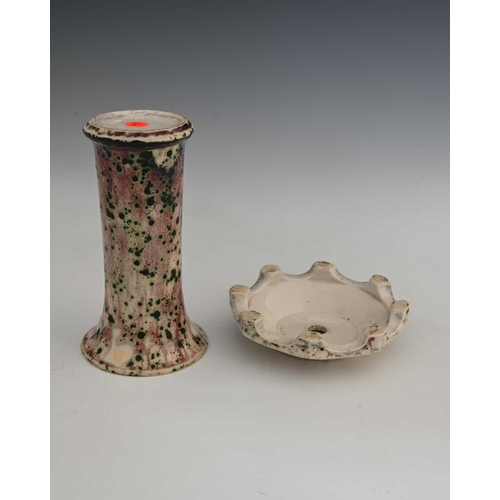 662 - Ruskin Pottery, a High Fired vase and a stand, 1933, lily or flared sleeve form, green oxide speckle... 