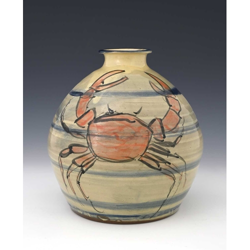 667 - Philip Leach (British, 1947), a Springfield studio pottery globular vase, painted crabs against blue... 