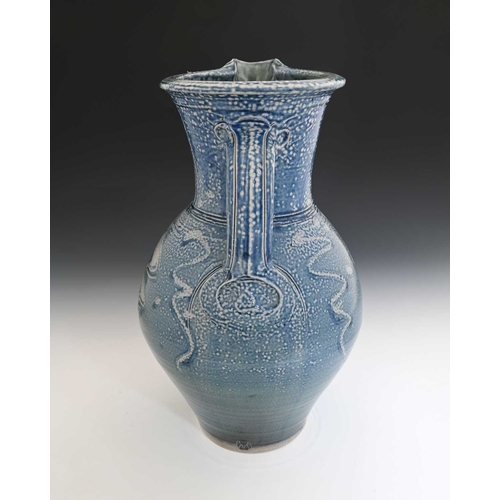 669 - Michael Casson, a large studio pottery salt glazed jug, ovoid form with wide neck, incised vertical ... 