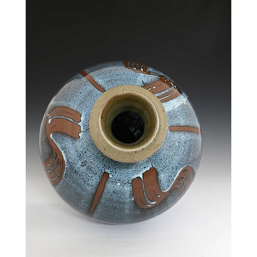 674 - David Frith (British, 1943), a large stoneware bottle vase, decorated with a Chun blue over wax resi... 