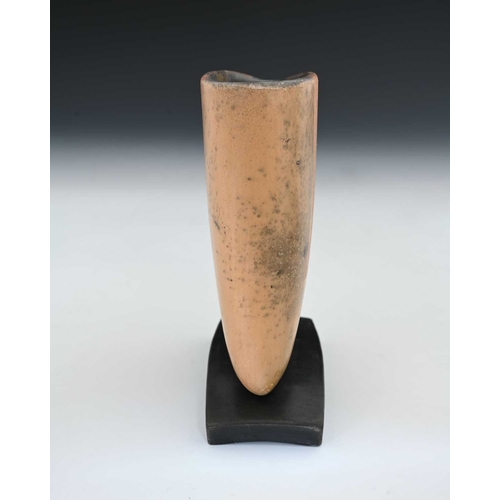 680 - Anne James (British, 1937), a smoked fired vessel, mounted on a black ceramic base, decorated with c... 