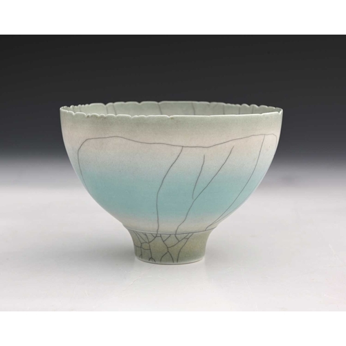 682 - David White (British, 1934-2011), a carved rim porcelain bowl, decorated with a light turquoise crac... 