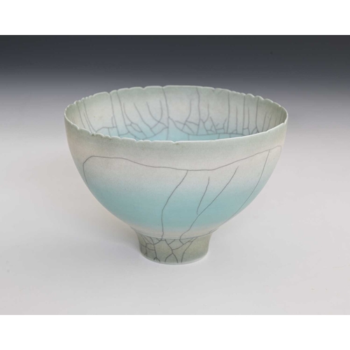 682 - David White (British, 1934-2011), a carved rim porcelain bowl, decorated with a light turquoise crac... 