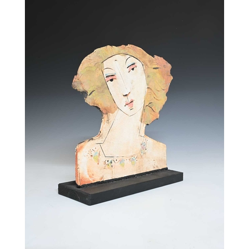 686 - Christy Keeney (British, 1958), a female head in low relief looking left, mounted on a wooden base, ... 