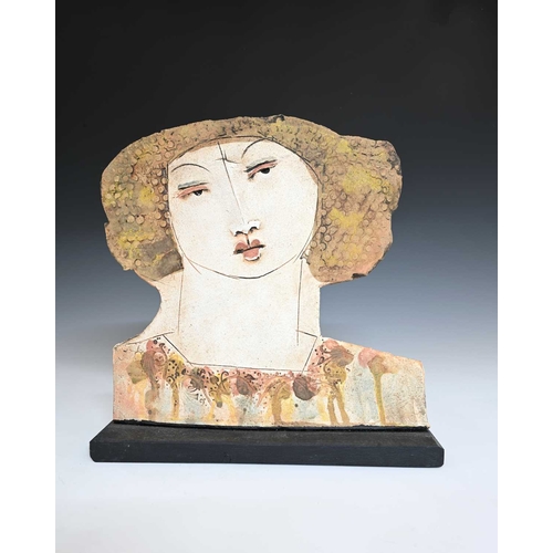 687 - Christy Keeney (British, 1958), a female head in low relief looking right, mounted on a wooden base,... 