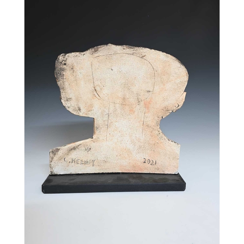 687 - Christy Keeney (British, 1958), a female head in low relief looking right, mounted on a wooden base,... 